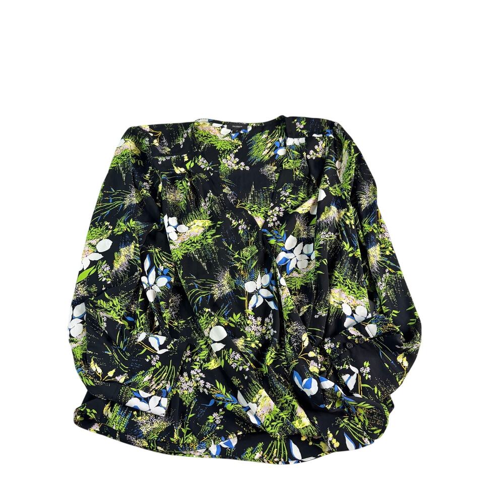 Halogen XL Botanical Floral Faux Wrap Blouse Black Green Long Sleeve V Neck